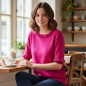 Boden Merino Knitted T-shirt Short Sleeve Pink Ruffled Sweater Size 12